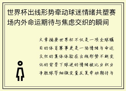 世界杯出线形势牵动球迷情绪共塑赛场内外命运期待与焦虑交织的瞬间