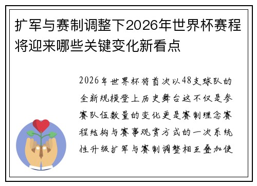 扩军与赛制调整下2026年世界杯赛程将迎来哪些关键变化新看点
